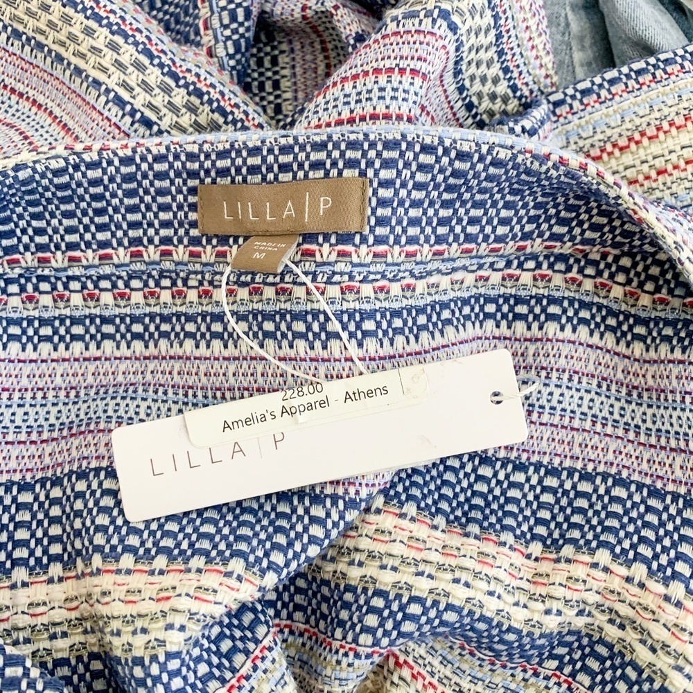 Lilla P Dress Blue Cream Tie Front 3/4 Sleeve NWT - Picture 4 of 6